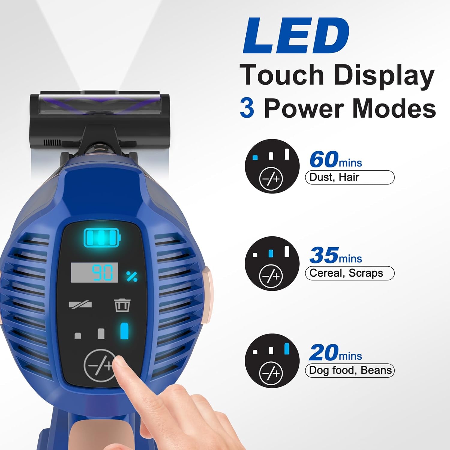Cordless Vacuum Cleaner for Home, 45Kpa 300W 60Mins Stick Vacuum Cleaner with Touch Screen, 8-in-1 Rechargeable Battery Cordless Vacuum, LED Lightweight Vacuum for Pet Hair Carpet Hardwood Floors
