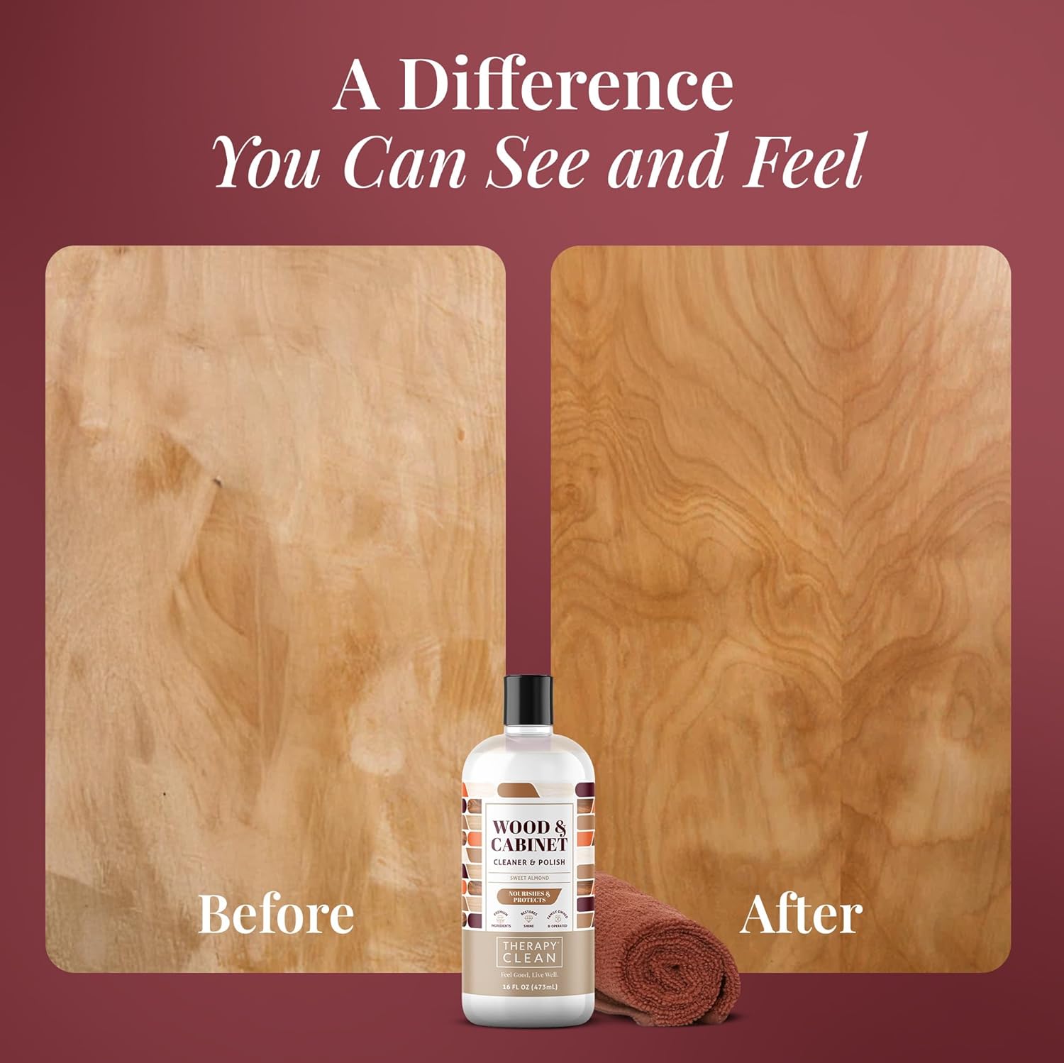 Therapy Wood Cleaner & Polish 16 oz. (2-Pack with Microfiber Cloth) - Wood Cabinet and Table Cleaner - Conditioner - Almond Scent