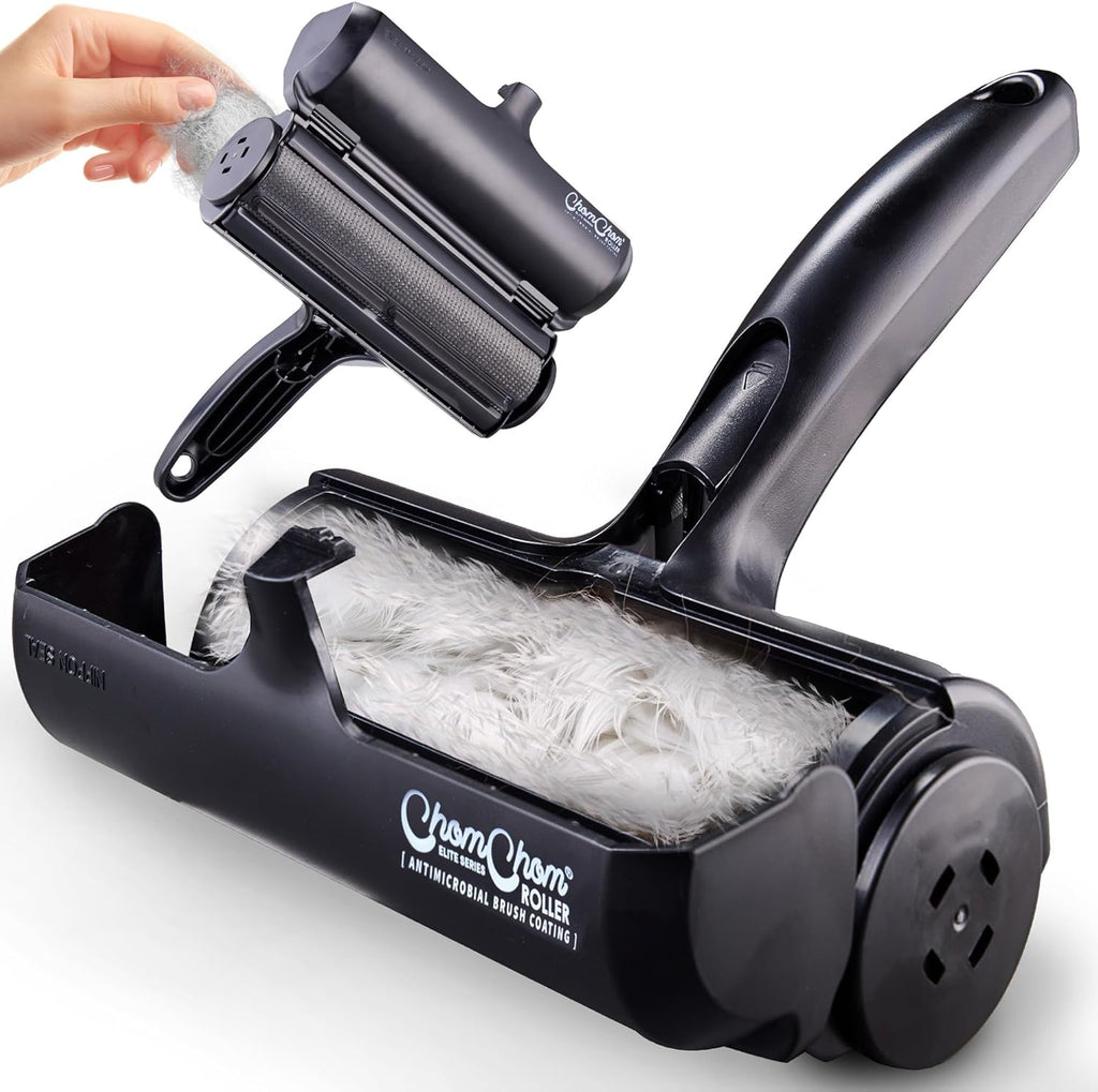 ChomChom Roller Pet Hair Remover and Reusable Lint Roller - Cat and Dog Hair Remover for Furniture, Couch, Carpet, Clothing and Bedding - Portable, Multi-Surface Fur Removal Tool (Black)