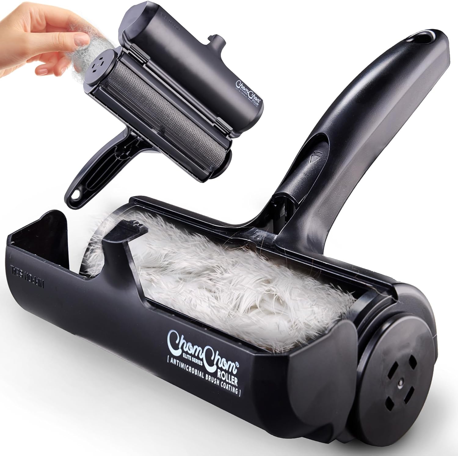 ChomChom Roller Pet Hair Remover and Reusable Lint Roller - Cat and Dog Hair Remover for Furniture, Couch, Carpet, Clothing and Bedding - Portable, Multi-Surface Fur Removal Tool (Black)