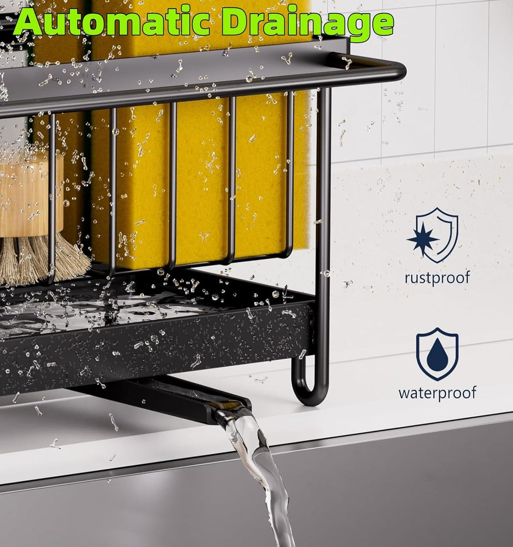 Sink Caddy Sponge Holder with Auto Draining Tray, Space-Saving Soap Dispenser Storage Kitchen Organizer Accessories (Black Holder)