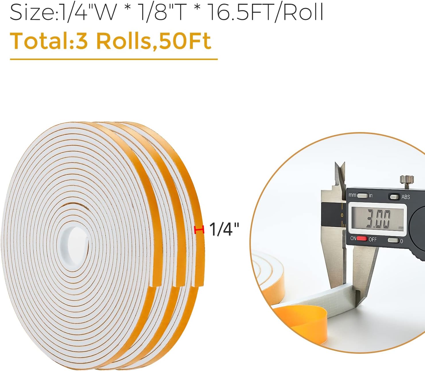 50 Feet Weather Stripping Door Seal, 1/4" Wide X 1/8" Thick Door Seal Strip High Density Foam Tape Adhesive Strip for Door Soundproofing,Window Insulation (1/4" x 1/8" x 50FT,White)