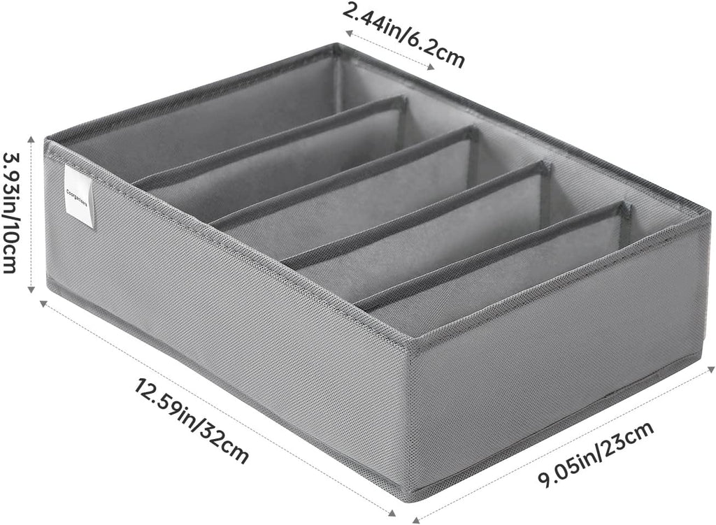 4 Packs T-shirt Drawer Organizers for Clothing,5 Grids Compartment Wardrobe Storage Box, Washable Clothes Organizer for Folded Clothes, T-shirt, Legging, Silk Scarve-Grey