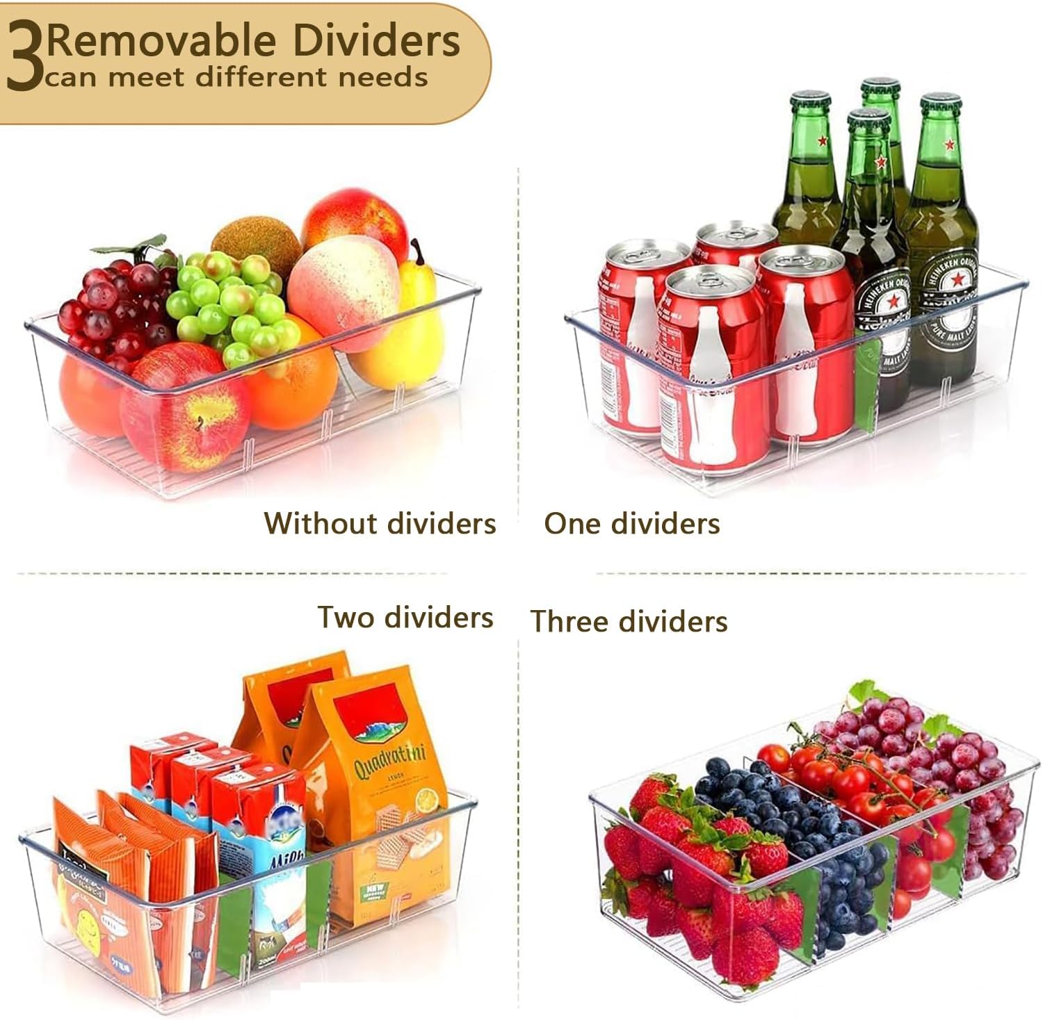 Pantry Organizers and Storage,Kitchen Organizers and Storage for Fridge,Drawer and Refrigerator - Spice Organization for Cabinet,Clear Plastic Stackable Storage Organizer Bins with 3 Dividers (3 Pcs)