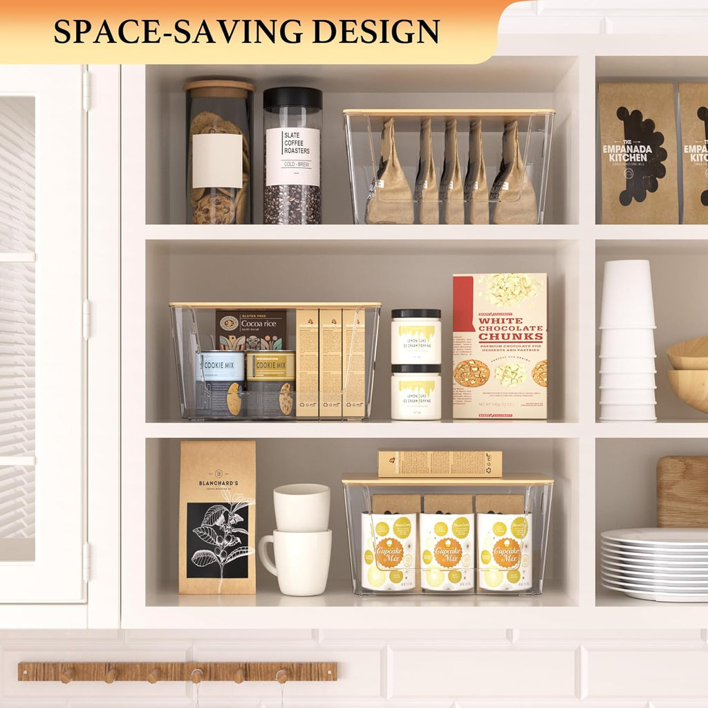6 Pack Clear Stackable Storage Bins with Bamboo Lids, Plastic Storage Containers with Handle for Pantry, Bathroom, Kitchen, Closet, Cabinet, Fridge Organizer and Storage