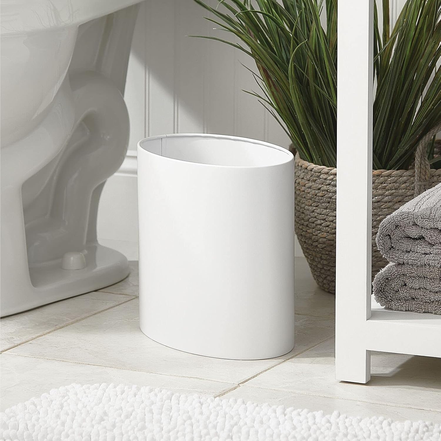 mDesign Stainless Steel Metal Oval Trash Can, 7.9 Liter/2.09 Gallon Wastebasket, Garbage Basket Bin for Bathroom, Bedroom, Kitchen, Home Office, Holds Waste and Recycle, Mirri Collection, White