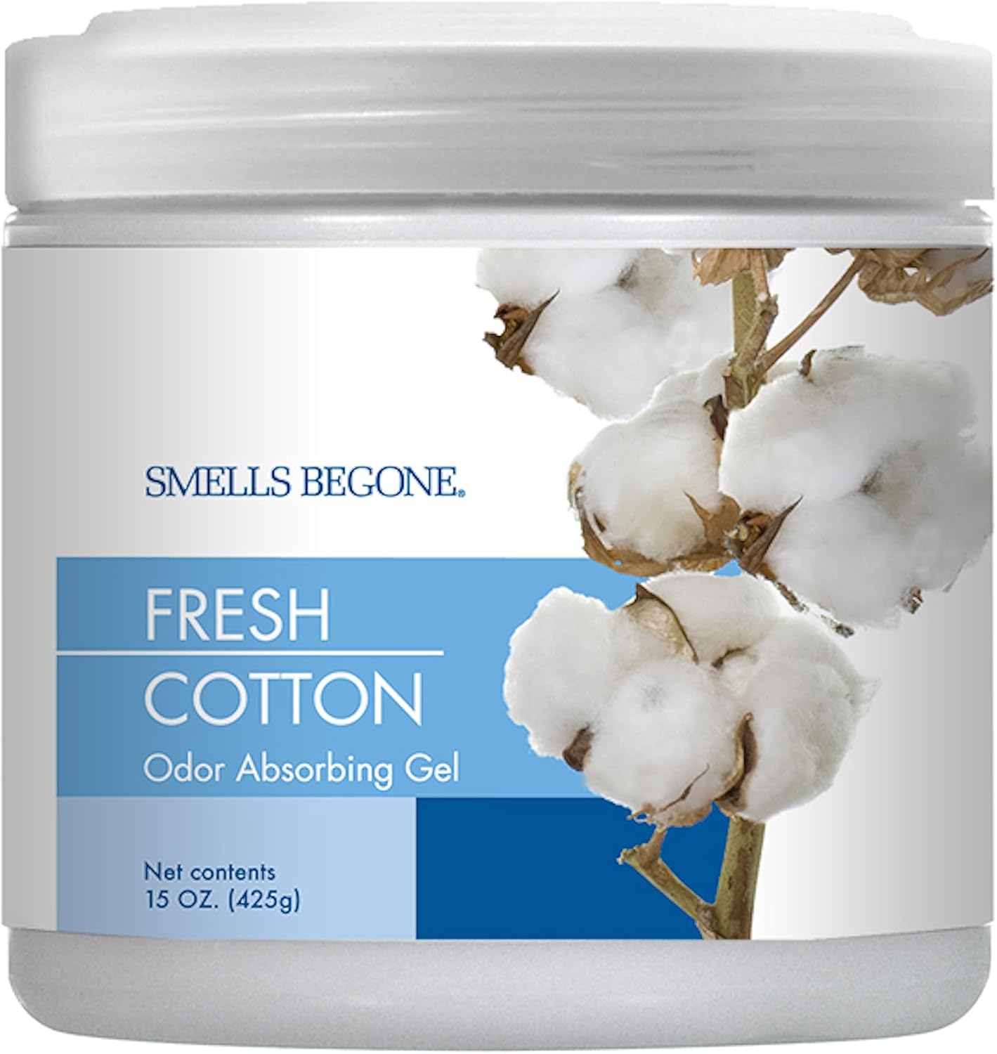 SMELLS BEGONE 15 oz Air Freshener Odor Absorber Gel - Absorbs Odor from Bathrooms, Cars, Pet Areas, Boats and RVs - Made with Essential Oils - Fresh Cotton Scent