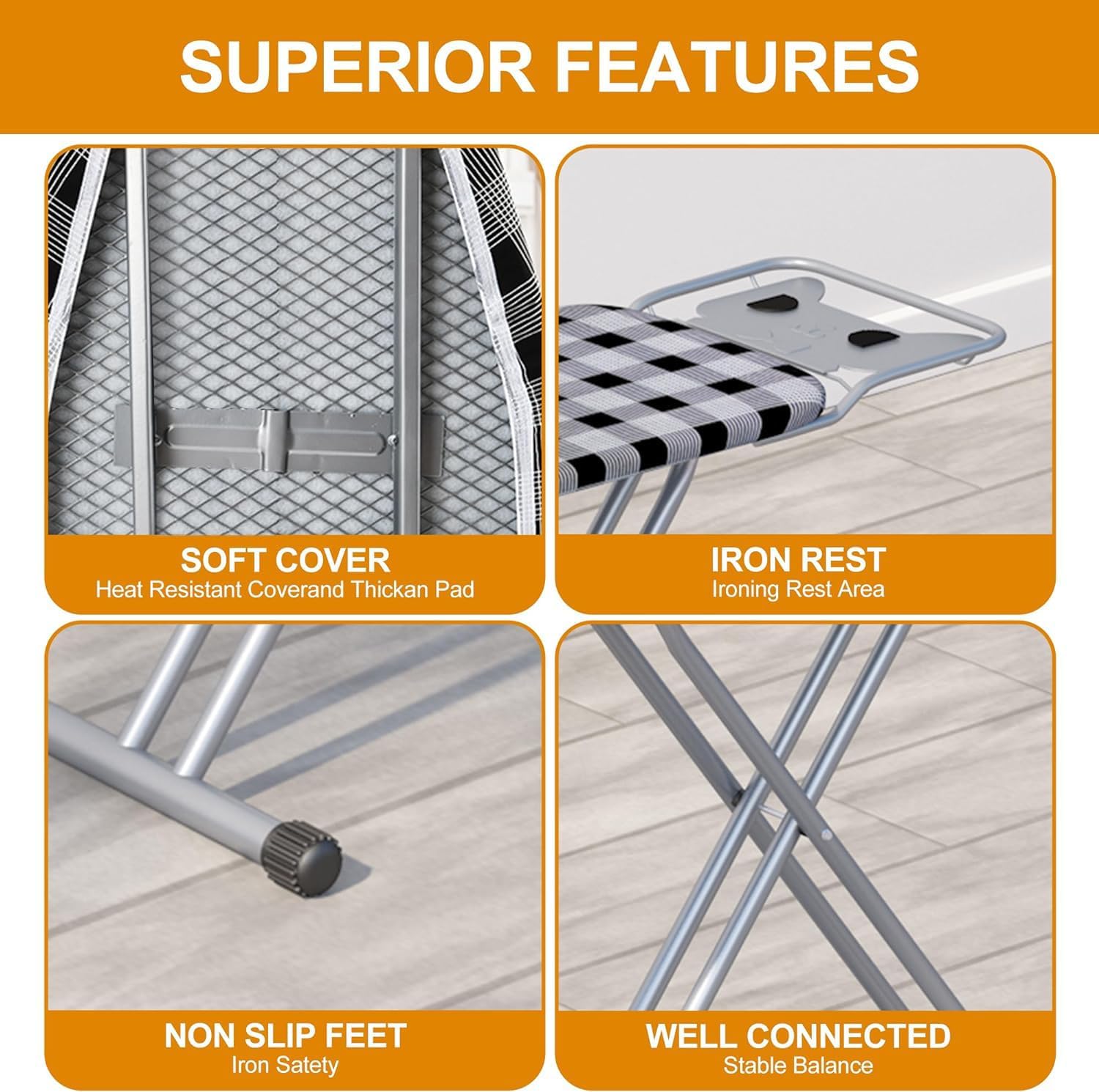 Ironing Board 13" X 43" W/Extra Thick Heavy Duty Padded Cover, Height Adjustable,Heat & Scorch Resistant Fabric, Anti-Skid Feet, Extra Wide, Easy to Fold Checkered Gray