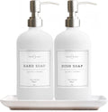 Vine Creations Glass Soap Dispenser, 2 Pack Kitchen Soap Dispenser Set with Ceramic Tray, Stainless Steel Pump, Dish Soap and Hand Soap Dispensers for Bathroom or Kitchen Decor with Waterproof Labels