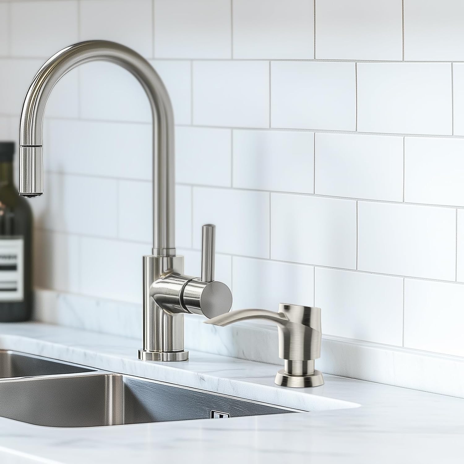 SAMODRA Kitchen Sink Soap Dispenser, Brushed Nickel Soap Dispenser,ABS Dispenser Built-in Pump Head with 11 oz PET Bottle, Refill from Top