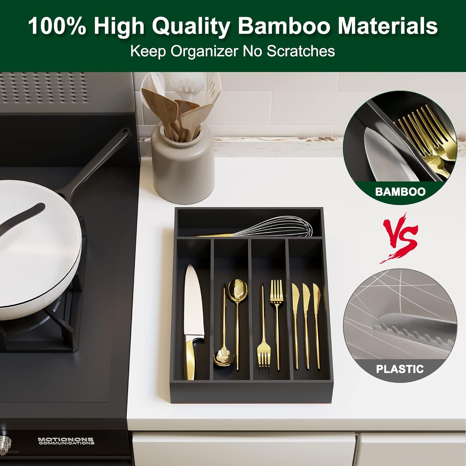 Bellsal Black Utensil Organizer 10 Inch Silverware Tray for Utensil Holder Cutlery Organizer Kitchen Drawer Organizer 5 Compartment Small Narrow Bamboo