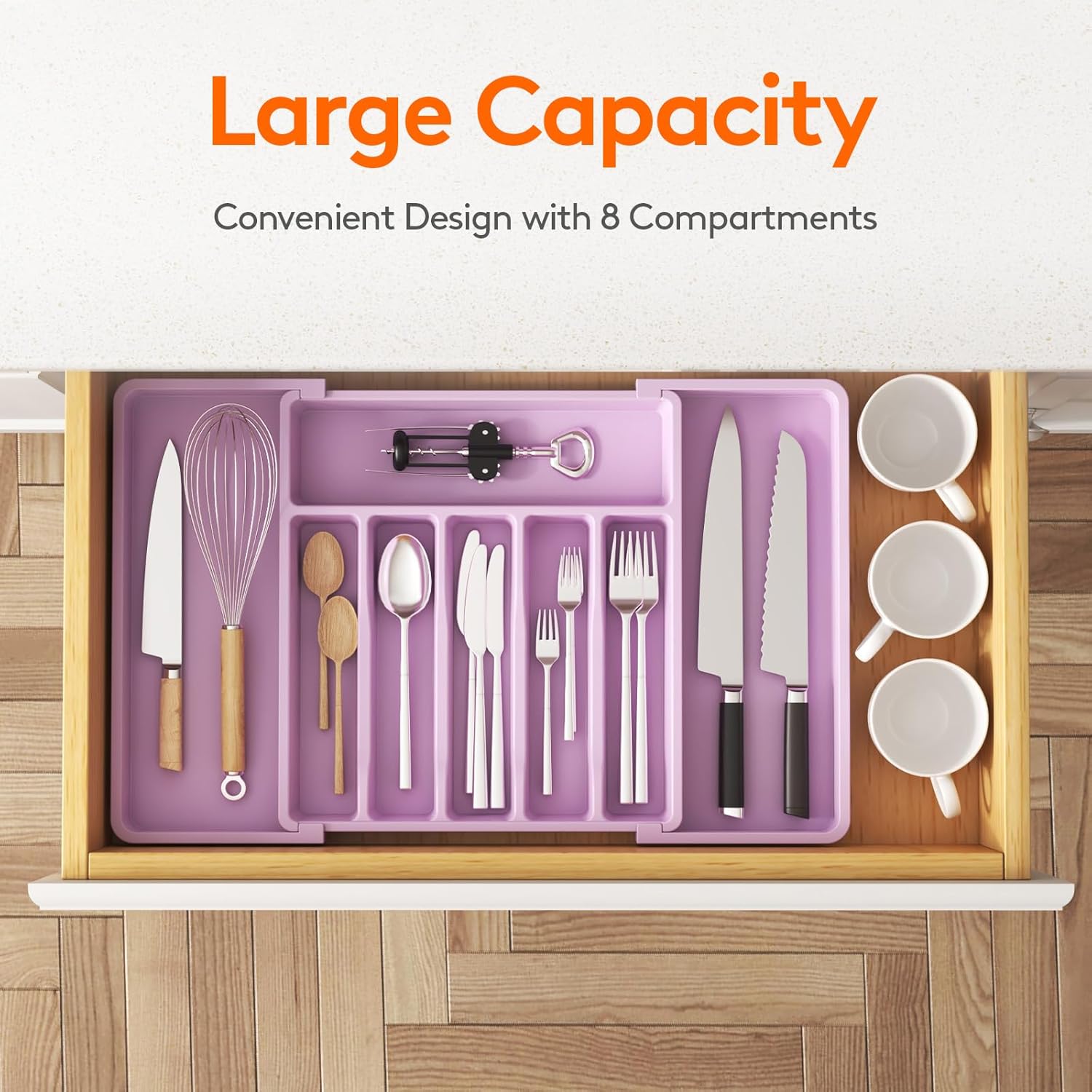 Lifewit Silverware Drawer Organizer, Expandable Utensil Tray for Kitchen, BPA Free Flatware and Cutlery Holder, Adjustable Plastic Storage for Spoons Forks Knives, Large, Purple