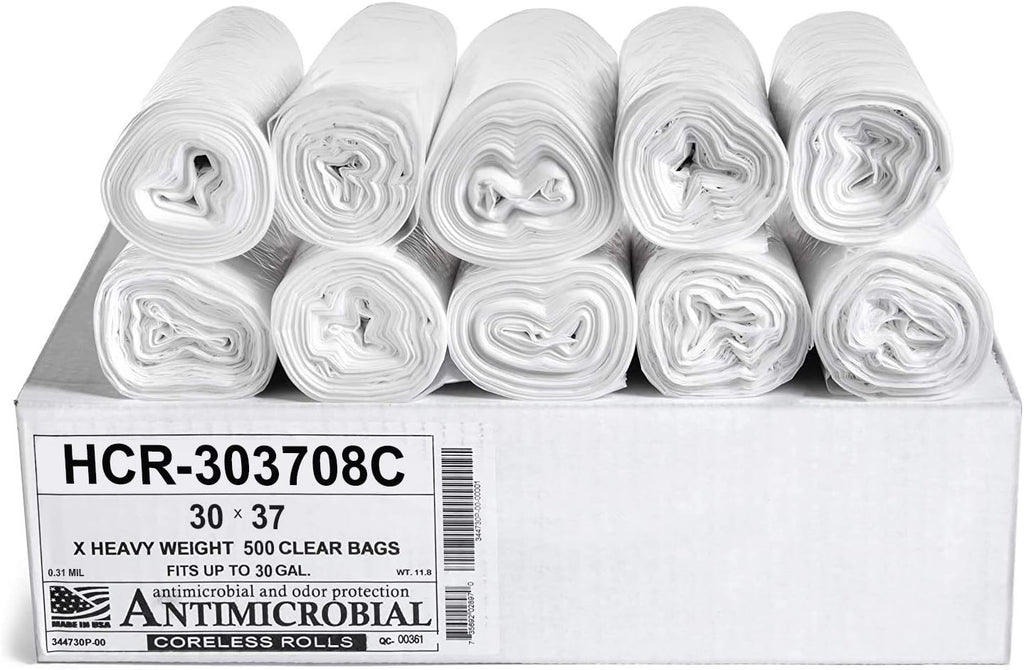Aluf Plastics HCR-303708C High Density Star Sealed Coreless Roll Bags, 30 gal, Polyethylene, 30" x 37", Clear (1 Pallet of 100 Packs, 50000 Count Total)