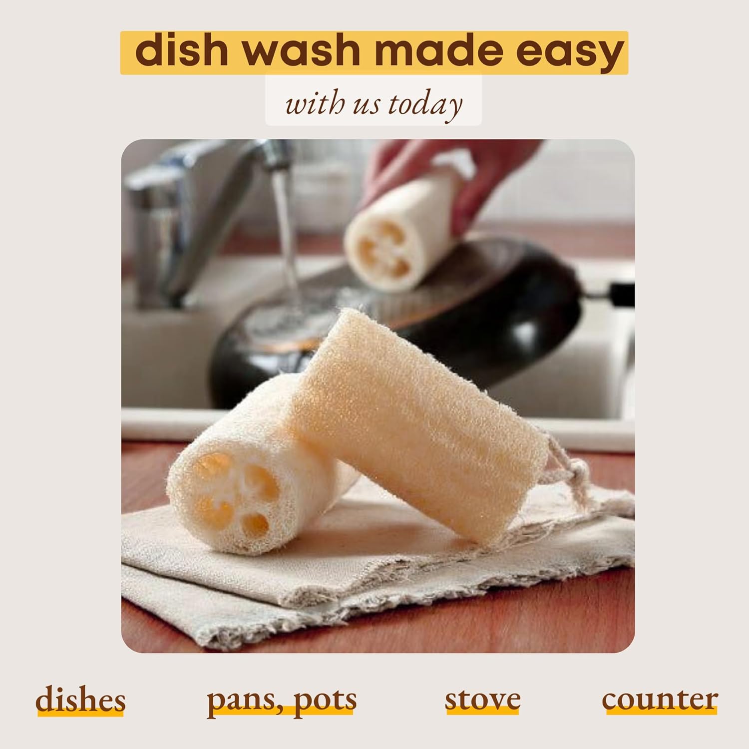 Natural Loofah Dish Sponge (Pack 4) - Vegetable Scrubber for Kitchen - 100% Biodegradable Compostable Dishwashing Scouring Pad Zero Waste