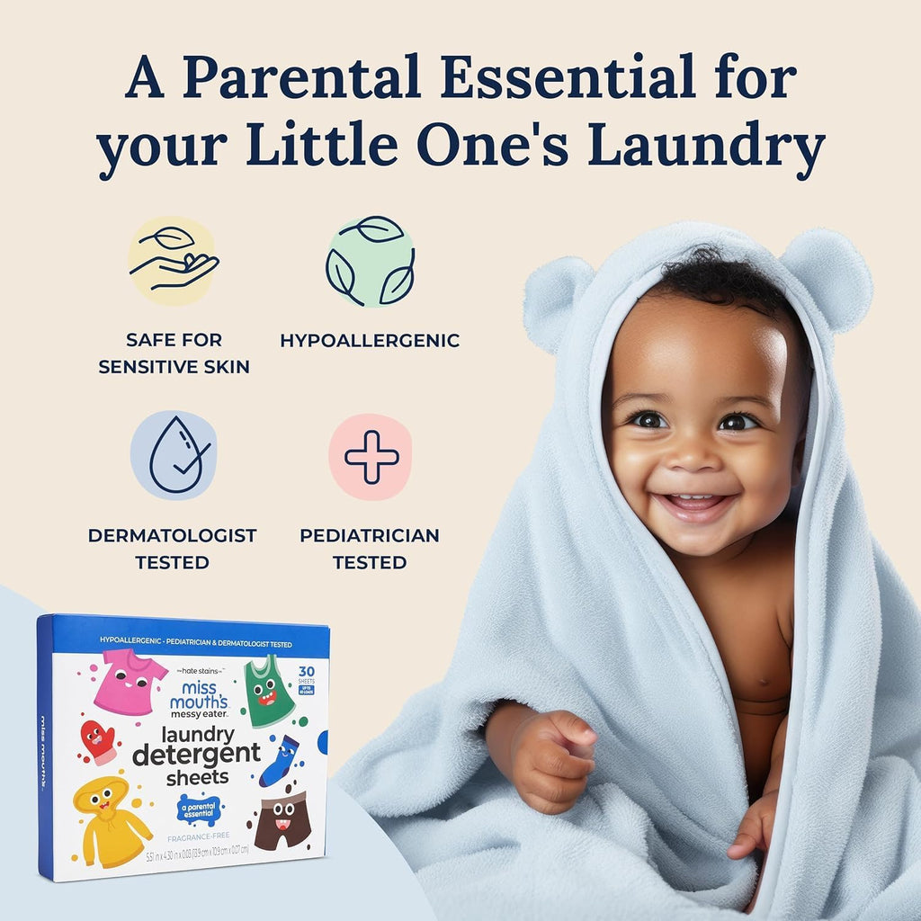 Miss Mouth’s Messy Eater Stain Treater Stain & Suds Duo Pack - 3 Pack Spray and 30 Pack Detergent Sheet bundle - Newborn & Baby Essentials - Food, Grease, Coffee Off Laundry, Underwear, Fabric