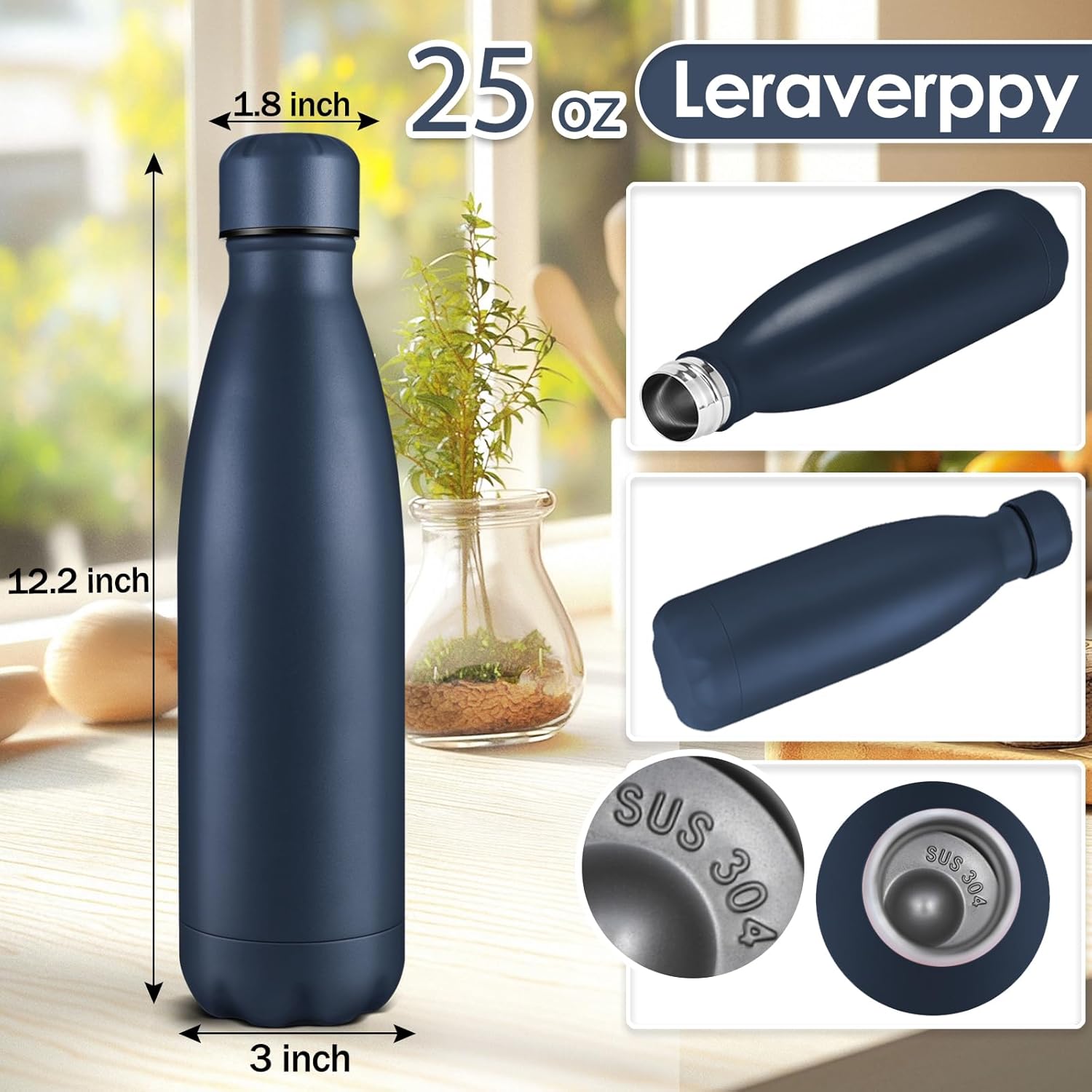 25oz Cola-Bottle Shaped Stainless Steel Leak-proof Water Bottle,Double Wall Vacuum Insulated Metal,Travel Mug For Sports Indoors & Outdoors,BPA-Free School Kids Flasks,Navy(2 Pack)
