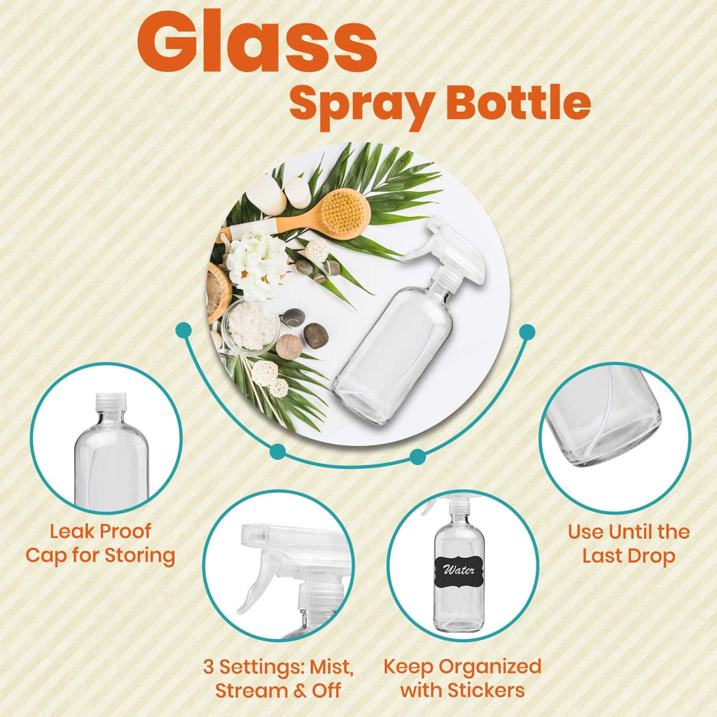 Clear Glass Spray Bottles For Cleaning Solutions (4 Pack) - 16 Ounce, Refillable & Reusable Sprayer for Essential Oil, Water, Kitchen, Hair. Durable Black Trigger Sprayer w/Mist and Stream Settings