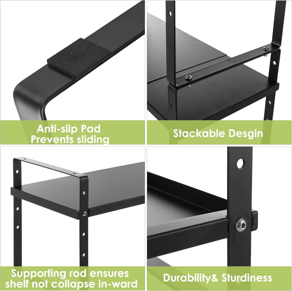 Expandable Cabinet Shelf Organizer Rack, Stackable Kitchen Countertop Organizer Storage Shelves, Adjustable Height Pantry Counter Shelf Riser Spice Rack (Black, 2 Pack)