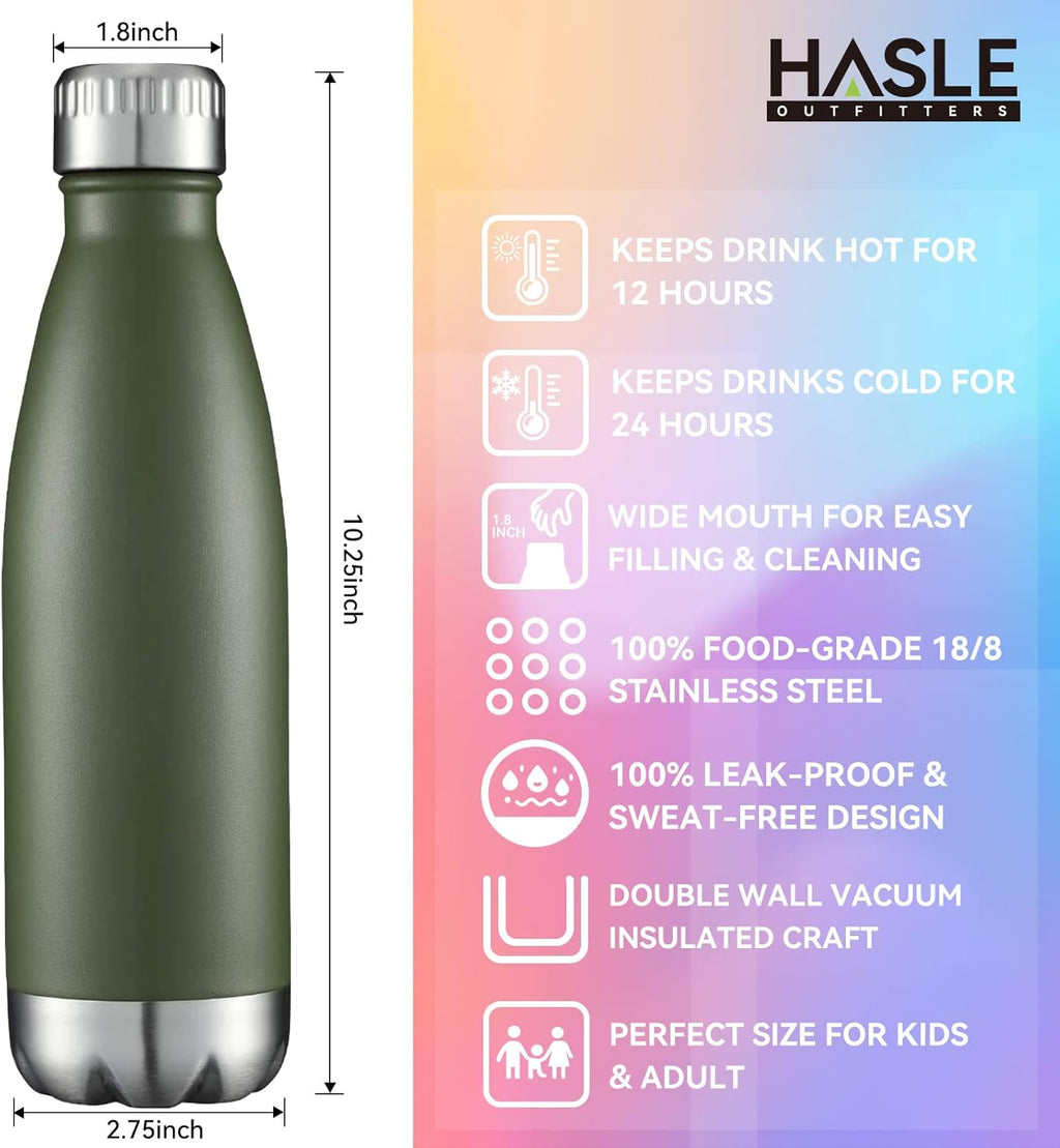 HASLE OUTFITTERS 17oz Stainless Steel Water Bottles Bulk, Vacuum Insulated Water Bottles Double Walled Powder Coated Reusable Metal Sports Water Bottles Keep Drinks Hot and Cold, ArmyGreen, 4Packs