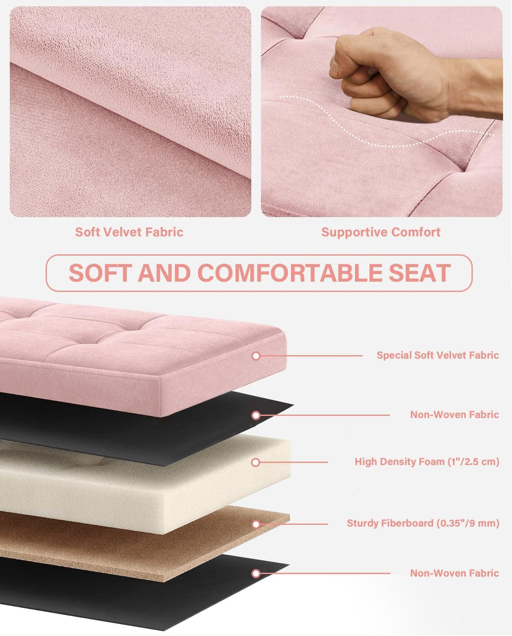 Folding Storage Ottoman, Velvet Storage Bench, Footrest, Removable Divider, for Living Room, Bedroom, 15 x 43 x 15 Inches, 660 lb Load Capacity, Jelly Pink UASND02P