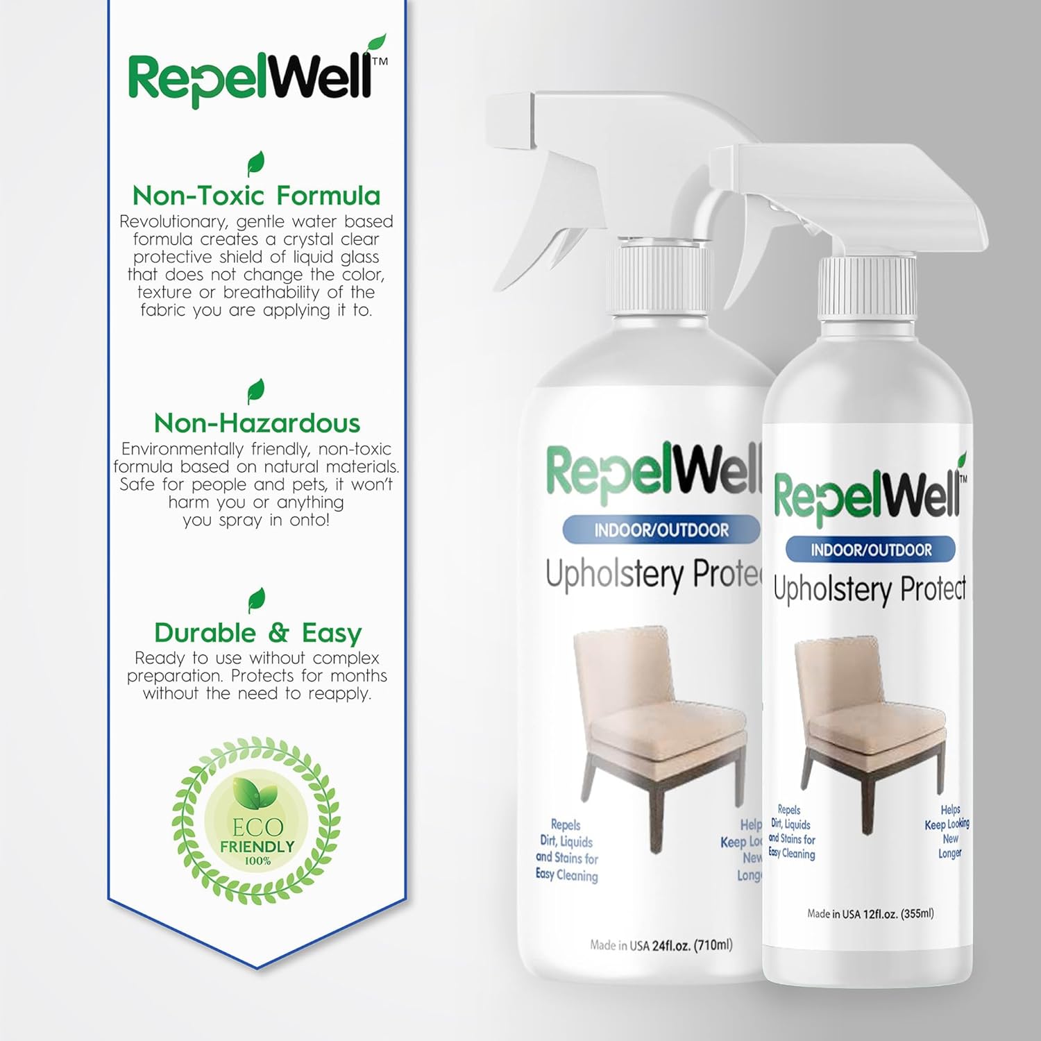 Eco-Friendly Upholstery Protect Stain & Water Repellent Spray 24oz – Non-Toxic, Pet-Safe Formula for Fabric, Leather, & Suede – Long-Lasting Stain Guard Keeps Furniture Clean & New