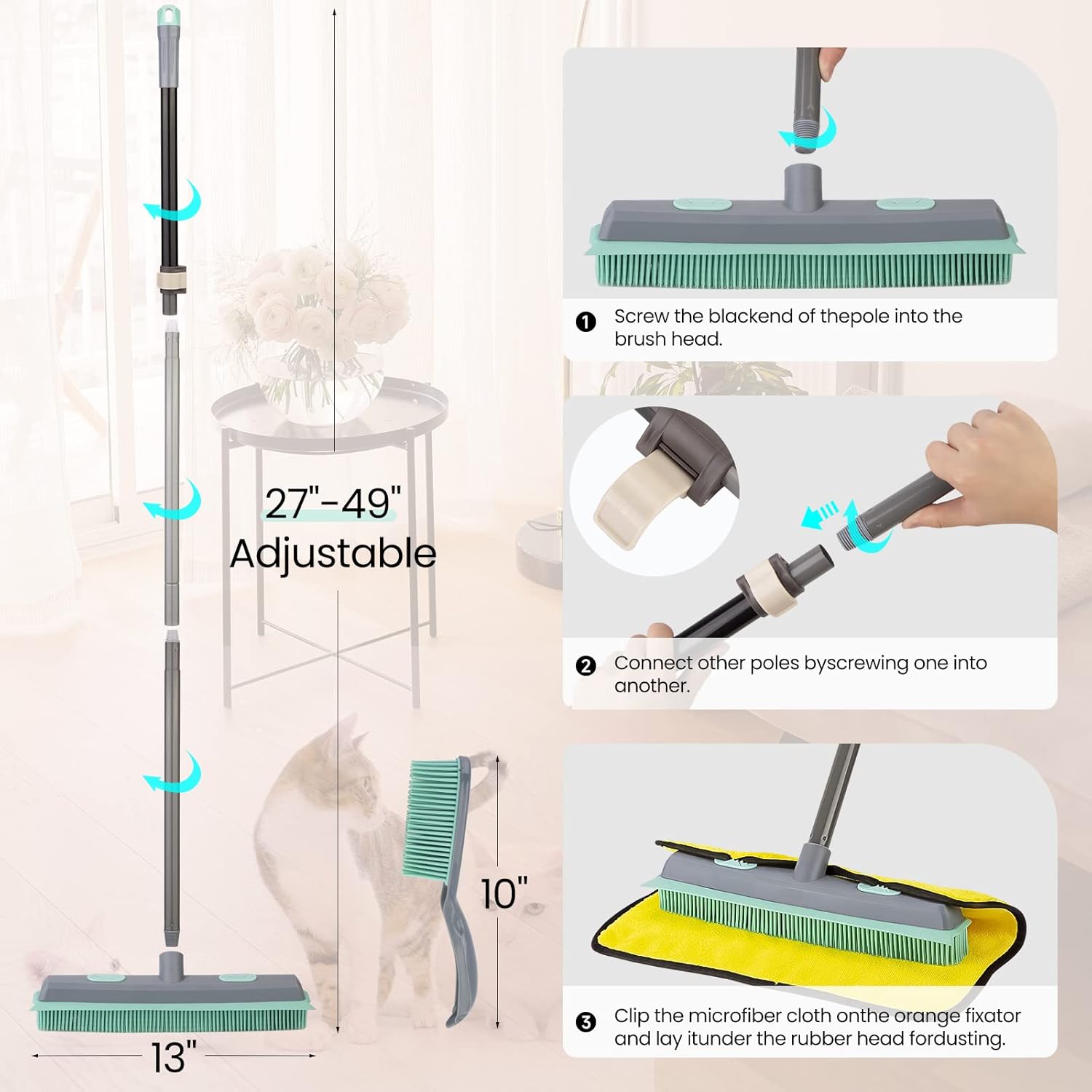 Conliwell Rubber Broom Carpet Rake for Pet Hair, Fur Remover Broom with Squeegee, Portable Detailing Lint Remover Brush (Iron Handle)