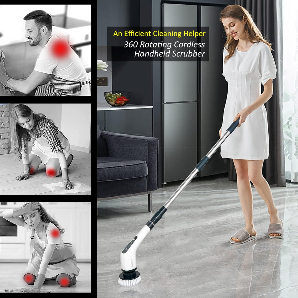 Electric Spin Scrubber, FARI Shower Cleaning Brush with 8 Replaceable Drill Brush Heads, Cordless Power Scrubber with Adjustable Handle Bathroom and Shower Cleaner