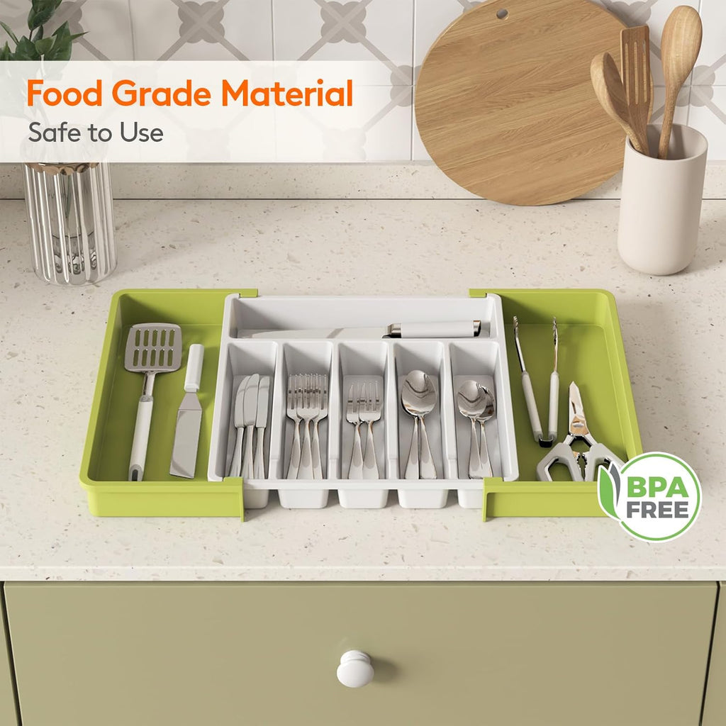 Lifewit Silverware Drawer Organizer, Expandable Utensil Tray for Kitchen, BPA Free Flatware and Cutlery Holder, Adjustable Plastic Storage for Spoons Forks Knives, Large, Green&White