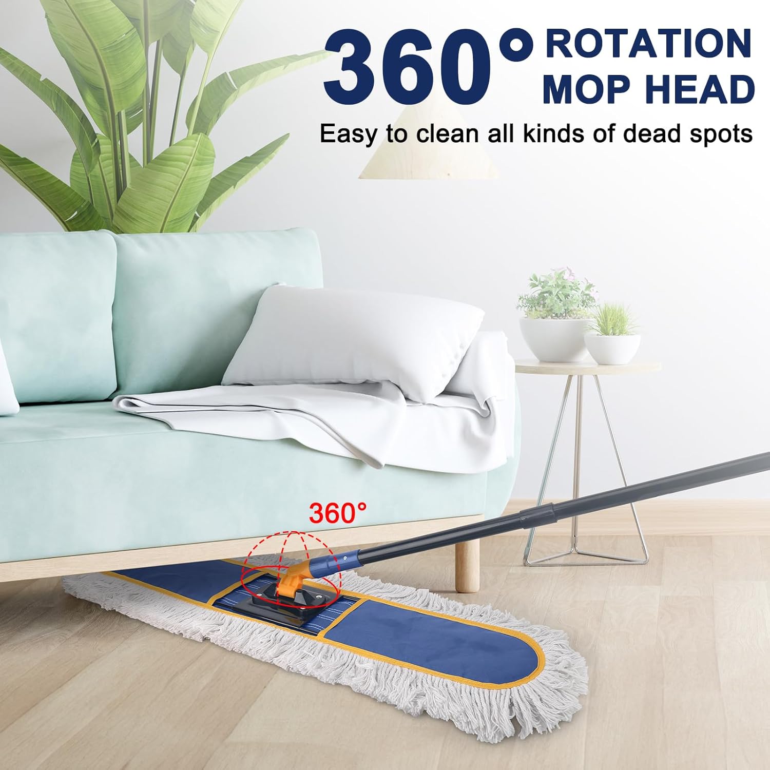 24" Commercial Dust Mop for Floor Cleaning,Heavy Duty Floor Duster with 2 Cotton Reusable Mop Pads,59” Long Handle Wet Dry Flat Mops for Hardwood Floors,Marble, Laminate,Tile,Concrete,Garage (Blue)