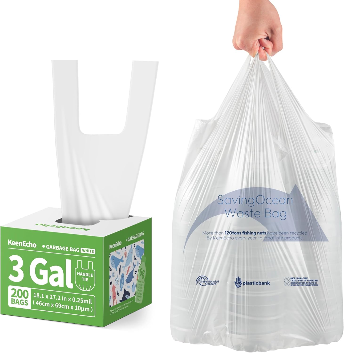 Small Trash Bags with Handles 3 Gallon 200 Count White - Ocean Plastic Upcycling - Plastic Garbage Bags, Can Bin & Waste Basket Liner for Kitchen, Bathroom, Office and Pets