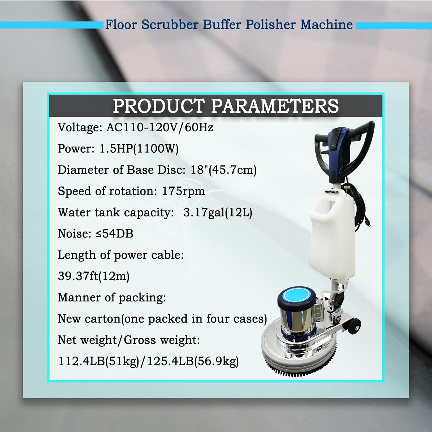 18" Commercial Floor Scrubber & Polisher Heavy Duty Multi-Surface Buffer Cleaner for Wood, Tile, Epoxy, Carpet - 175 RPM, 12L Tank, Low Noise, Industrial & Home Use 110V