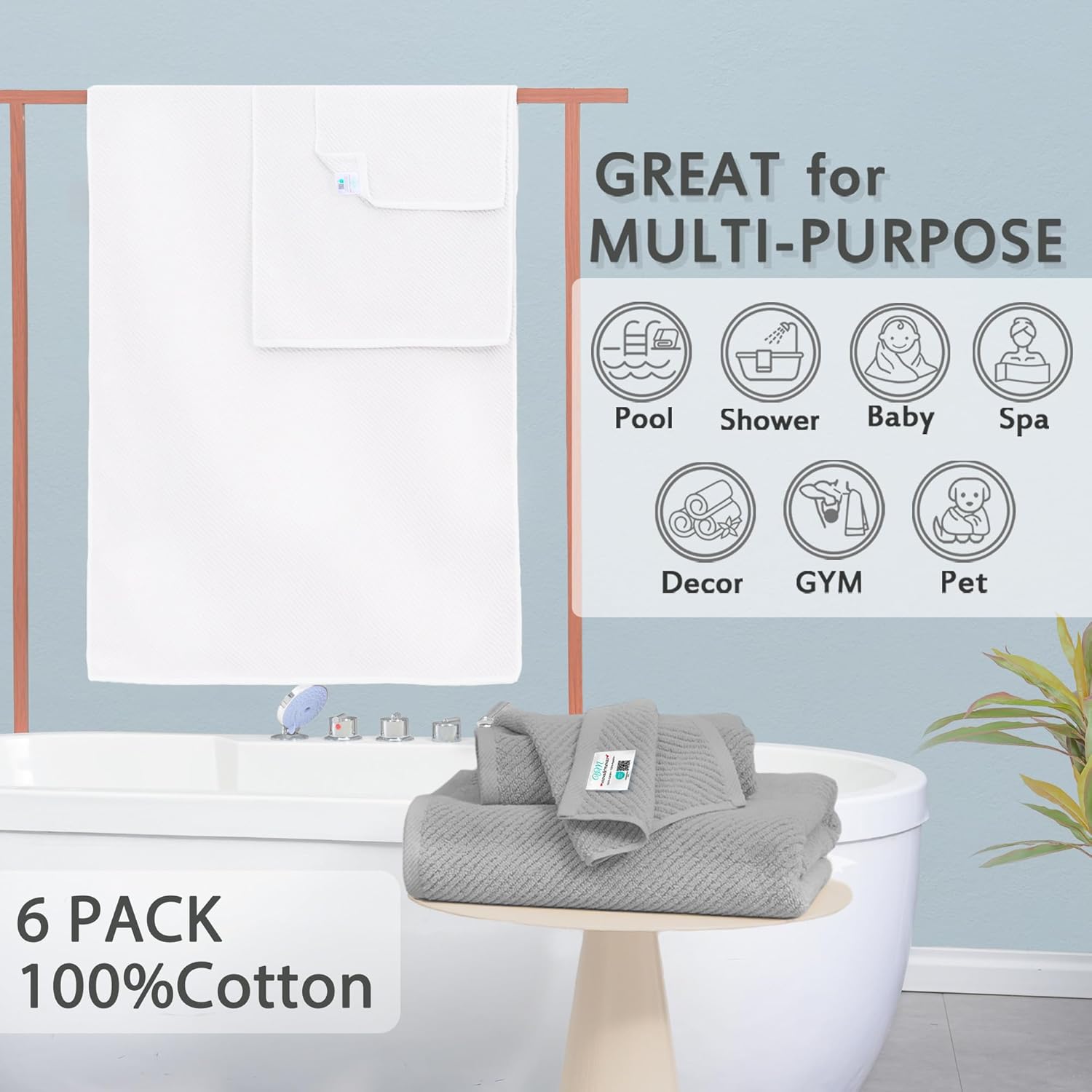 VOOVA & MOVAS Bathroom Towel Set - 100% Cotton | Soft | Quick Dry, Towel Set of 6, 2 Large Bath Towels 30"x56", 2 Hand Towels 18"x28", 2 Washcloths 13"x13", Bathroom Essentials, Grey and White