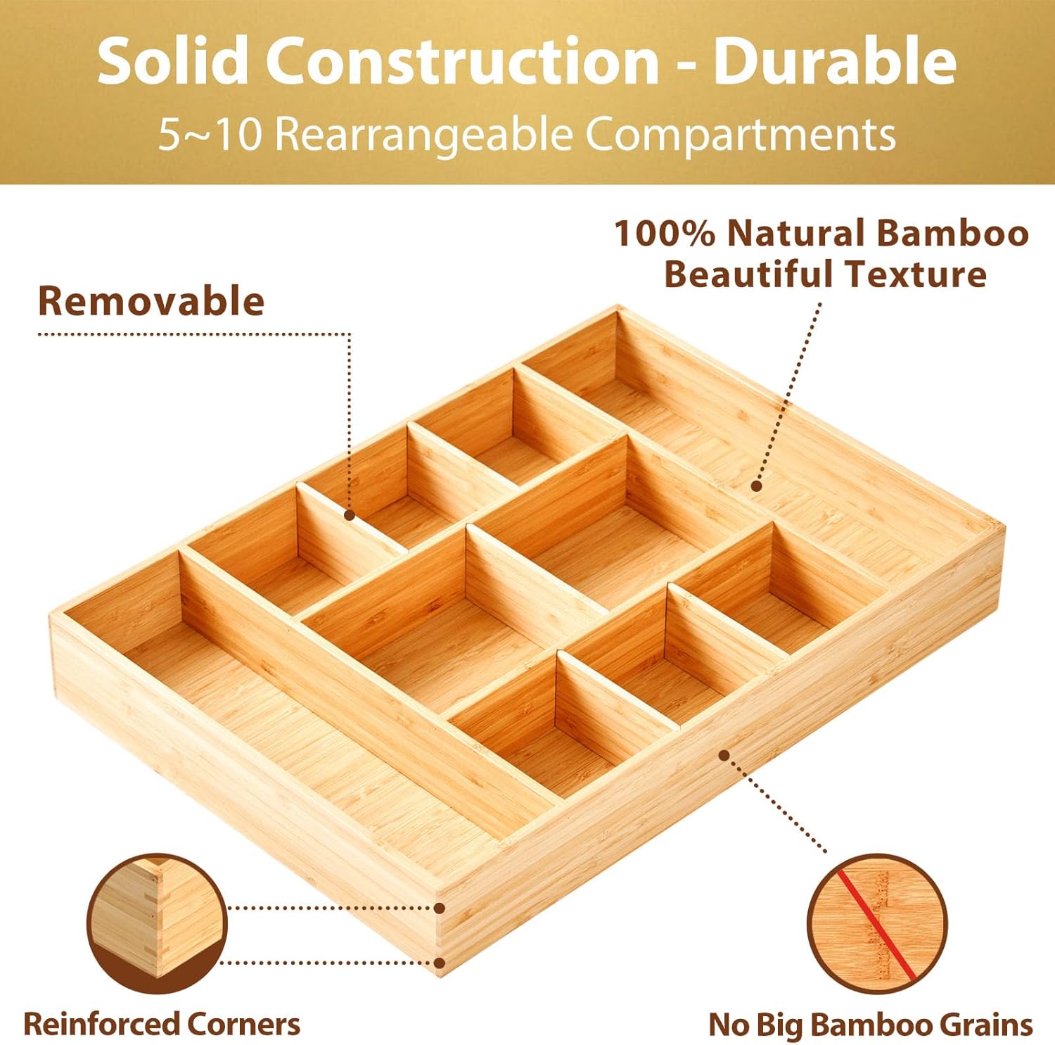 Umilife Extra Large Bamboo Desk Drawer Organizer, Wood Junk Organizer Tray with Adjustable Dividers, Anti-Skip Storage Organization in Office Bathroom Drawer for Vanity, Makeup, 17" x 12"