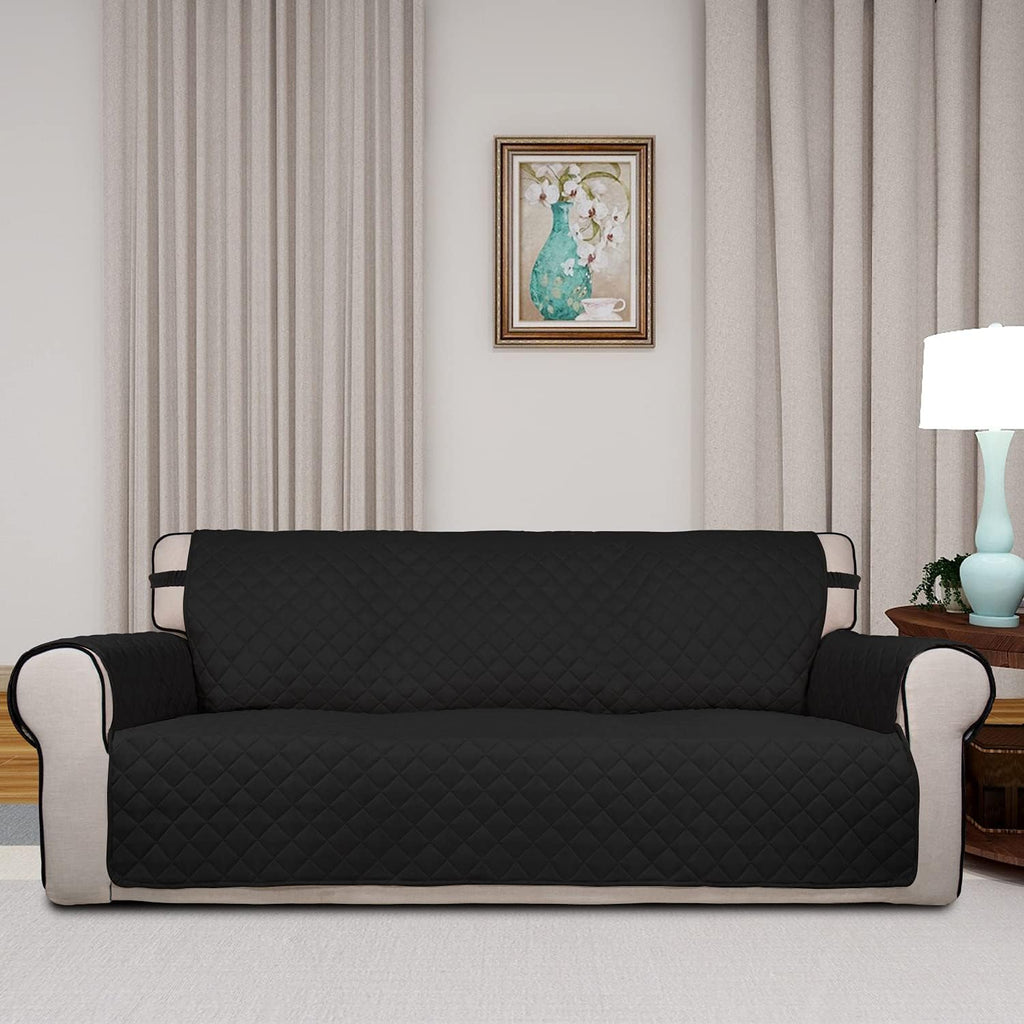 PureFit Reversible Quilted Sofa Cover, Water Resistant Slipcover Furniture Protector, Washable Couch Cover with Non Slip and Elastic Straps for Kids, Pets (Sofa, Black/Black)