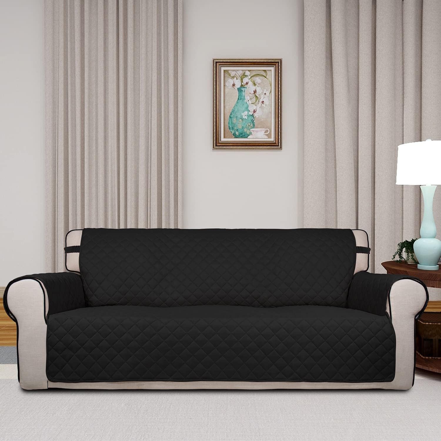 PureFit Reversible Quilted Sofa Cover, Water Resistant Slipcover Furniture Protector, Washable Couch Cover with Non Slip and Elastic Straps for Kids, Pets (Sofa, Black/Black)