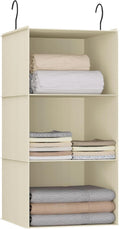 Hanging Closet Organizer and Storage 3-Shelf, Easy Mount Foldable Hanging Closet Wardrobe Storage Shelves, Clothes Handbag Shoes Accessories Storage, Washable Oxford Cloth Fabric, Beige