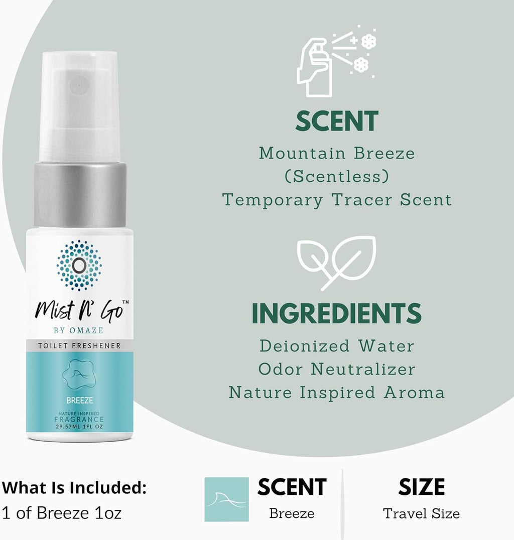 Mist N’ Go by Omaze Travel Bathroom Spray for Toilet Spray Odor Eliminator - Travel Toilet Spray for Bathroom Air Freshener Spray for Bathroom Deodorizer - Breeze Travel Size (1oz x1)
