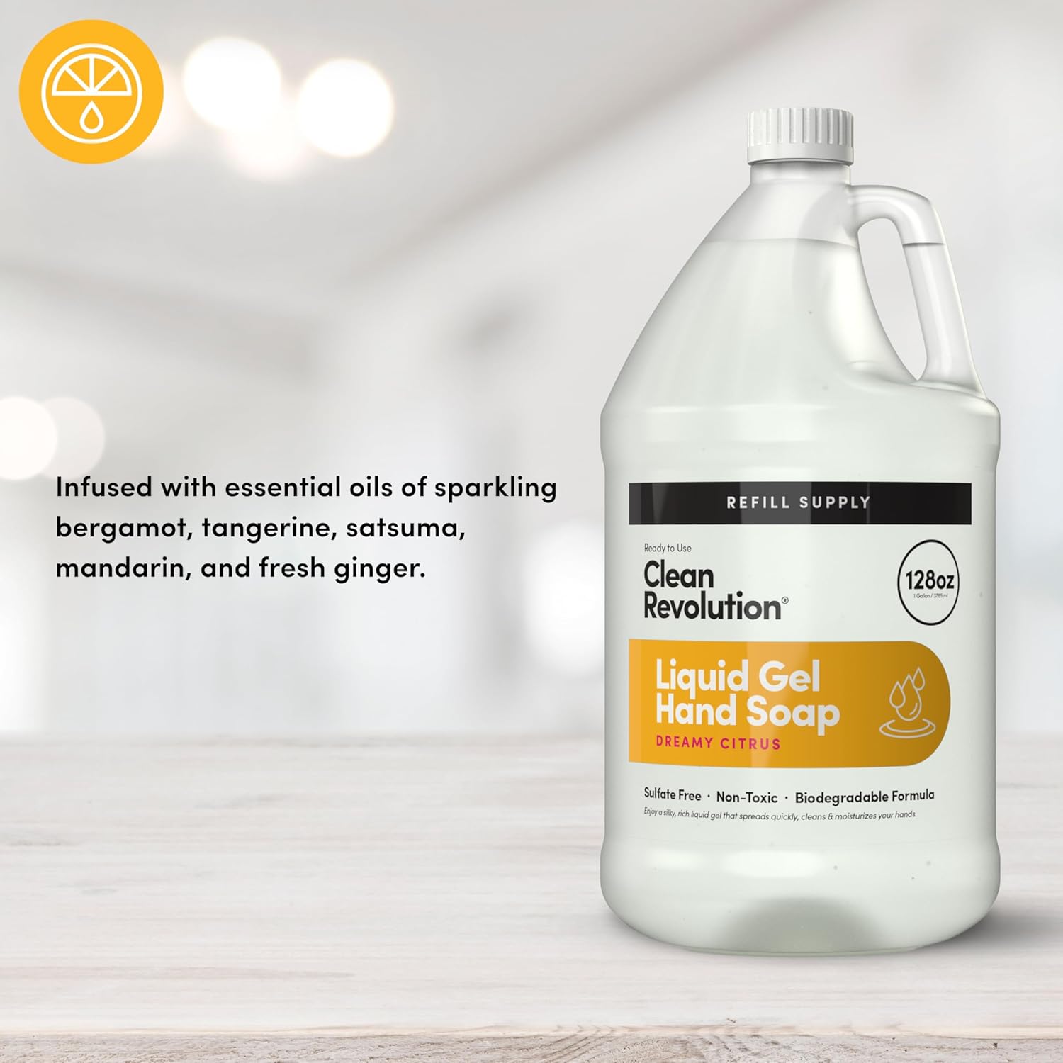 Clean Revolution Liquid Gel Hand Soap, Silky Rich Liquid, Quick Lather, Fast Rinsing, Contains Real Essential Oils (Dreamy Citrus) 128 Fl Oz