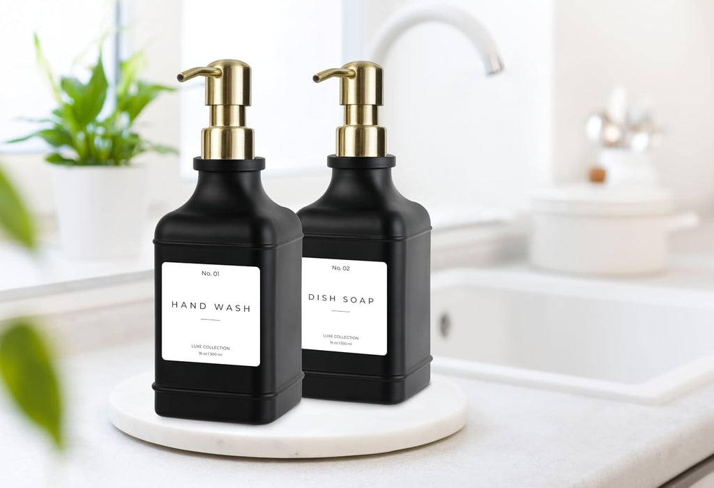 Emerson Essentials Soap Dispenser, Dish Soap Dispenser, Soap Bottle Dispenser Bathroom Set, Hand Soap Dispenser, Kitchen Soap Dispenser Set, Glass Soap Dispenser Pump + Labels | 16 Oz, 2-Pack