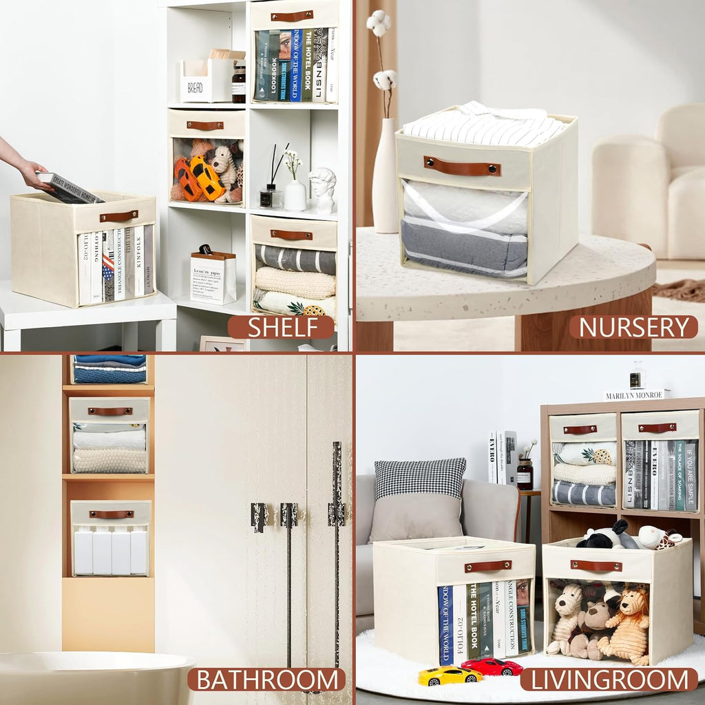 HNZIGE Fabirc Storage Cubes Bin 13x15x13 Clear Storage Cube, 4 Pack Foldable Cloth Cubby Storage Bins for Cube Organizer Closet Cabinet, Large Fabric Storage Bins for Shelves Organizer Bins- Cream