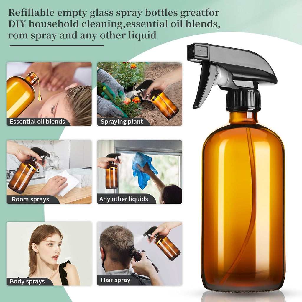 16oz Amber Glass Spray Bottles,4 Pack Glass Spray Bottles Refillable Empty Bottle with Adjustable Nozzle,Spray Bottle for Cleaning,Essential Oils,Cleaning,Pets,Plant, Hair Mister
