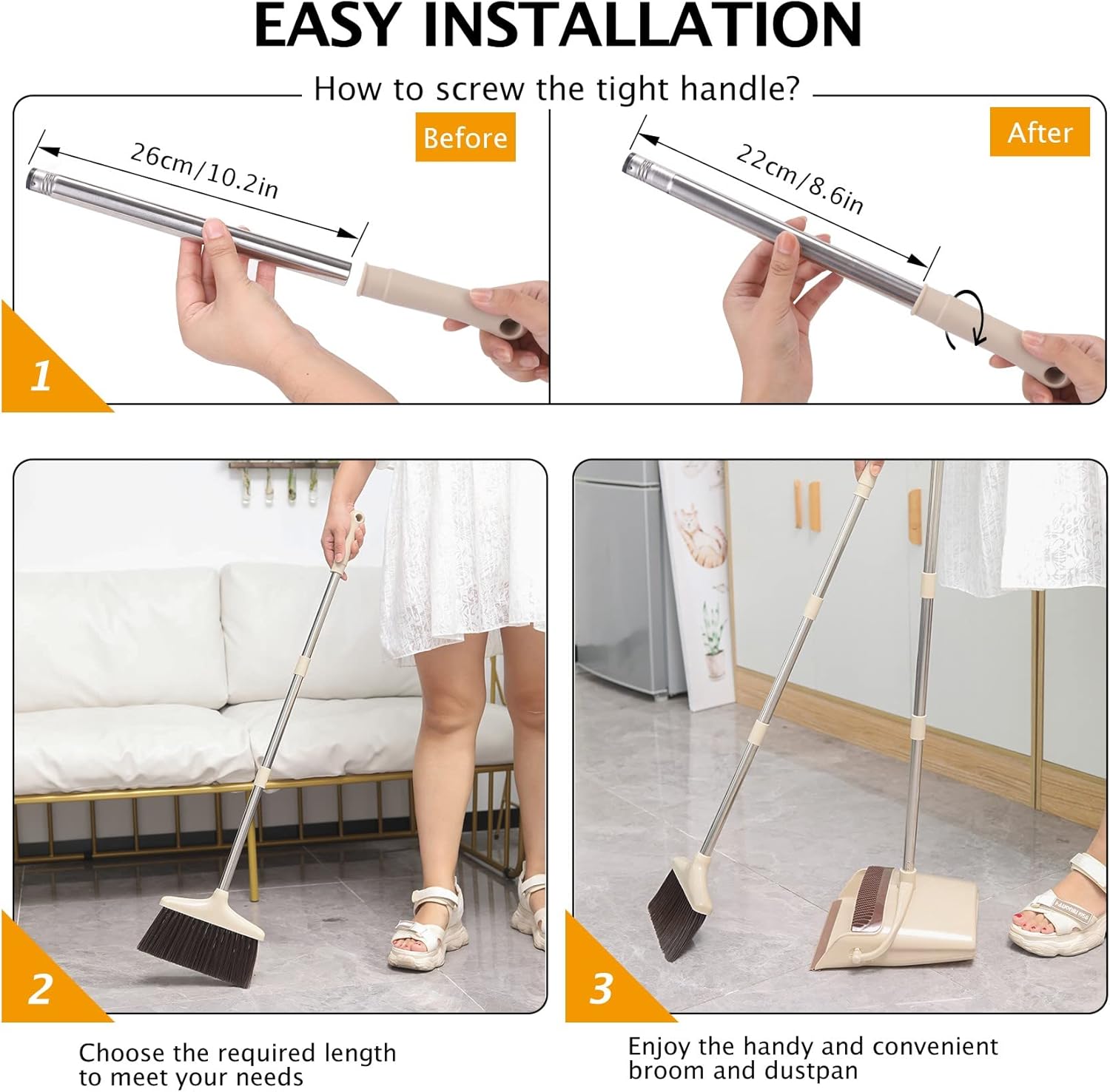 Broom and Dustpan Set with Long Handle, Light Weight Stainless Steel Poles Stand Upright Dustpans with Broom Combo for Home Kitchen Office Pet Dog Hair, Brown & Beige Color, 1-Pack