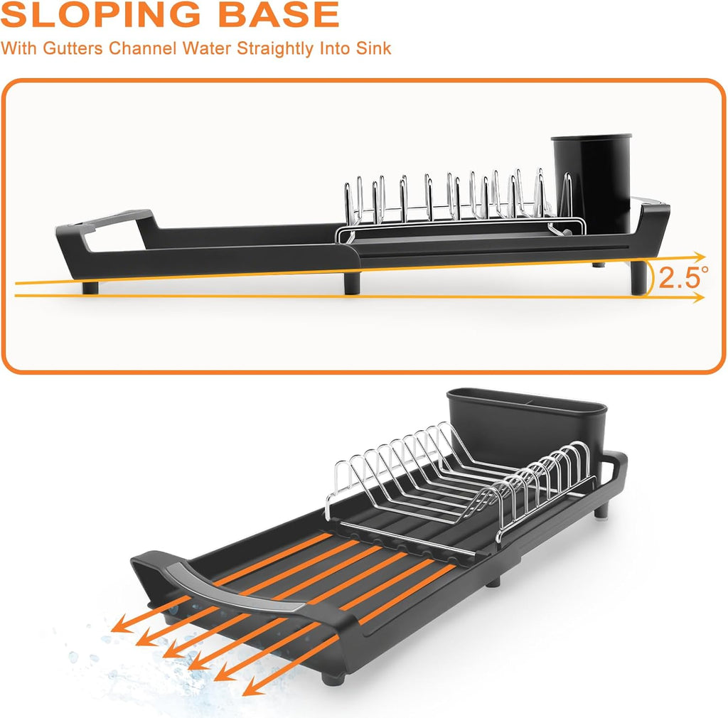Dish Drying Rack Compact Expandable - A Space-Saving, Stainless Steel, Rust-Resistant Dish Drainer for Kitchen and Apartment Countertops/Sink Cabinets, Extendable from 11.42 to 19.9 inches(Black)