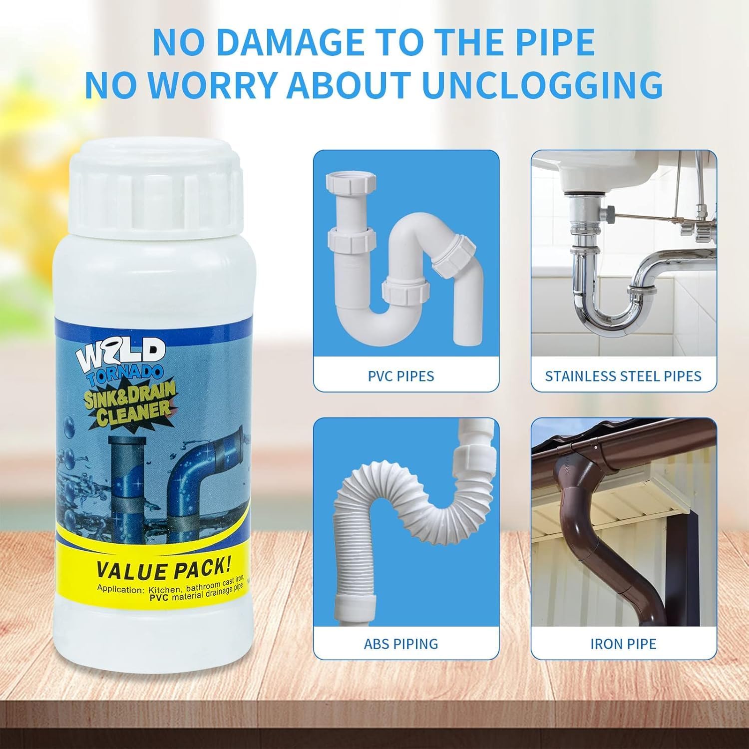Wild Tornado Pipe Dredge,Powerful Sink Cleaner Powder Fast Foaming for Kitchen Toilet Pipeline Quick Cleaning Tool（2pcs）