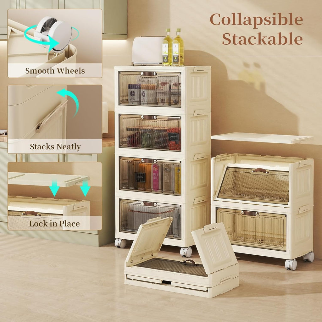 5 Tier - 48QT Storage Bins with Lids, Collapsible Storage Bins with Doors and Wheels, Plastic Storage Cabinet for Easy Storage and Organization for Living Room, Office