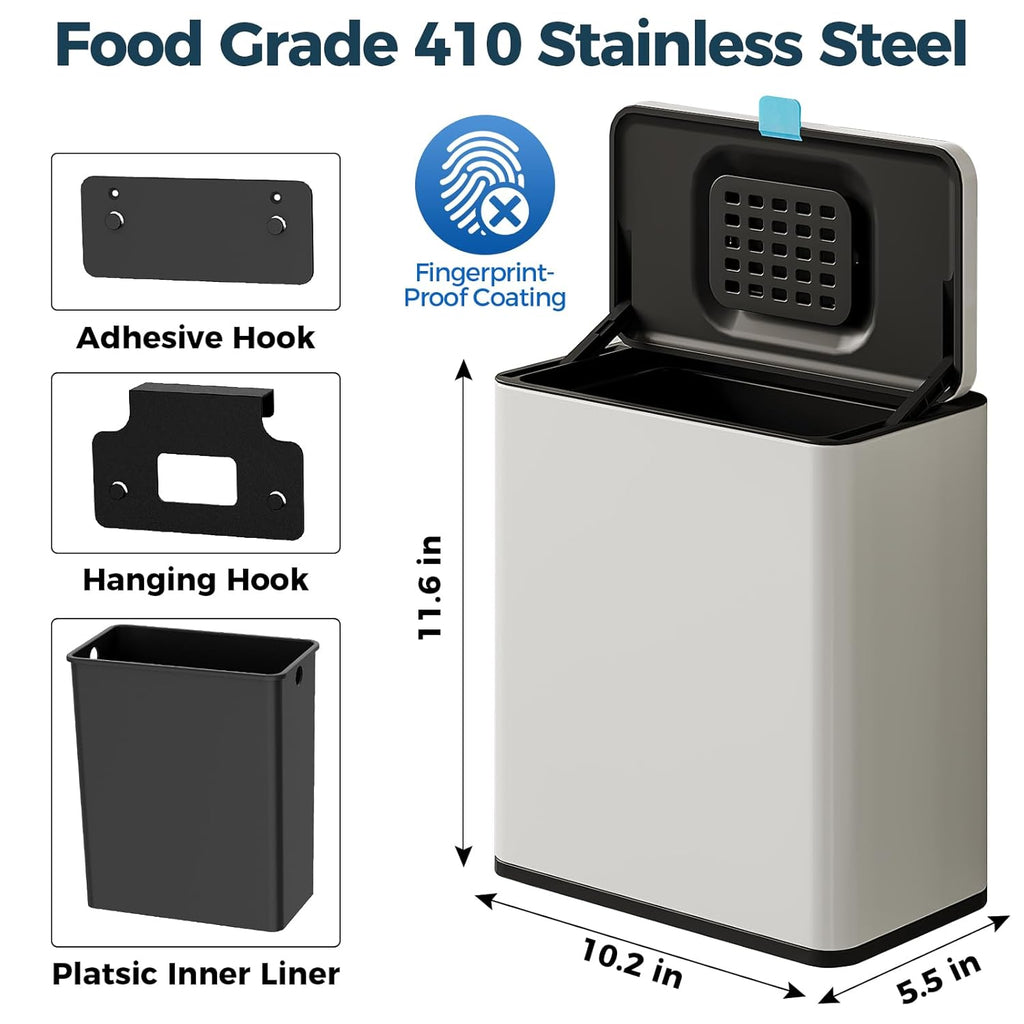 Stainless Steel Hanging Trash Can with Lid and Inner Bucket, 2 Gallon Kitchen Compost Bin for Counter Top, Under Sink or Wall Mount, Small Garbage Can for Cupboard/Bathroom/Bedroom/RV, White