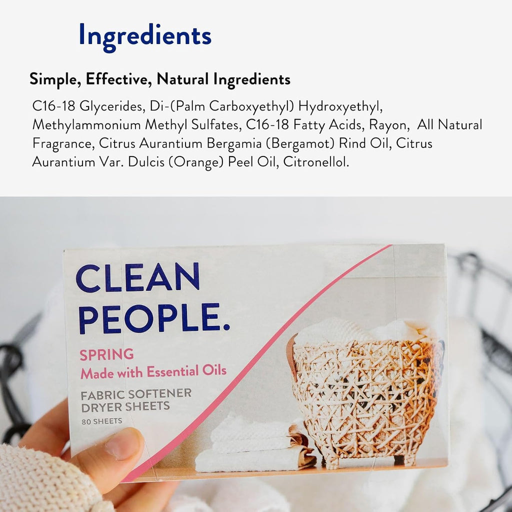 The Clean People Fabric Softener Dryer Sheets - Softens & Removes Static Cling - Vegan - Made with Essential Oils - Spring Scent, 120 Sheets