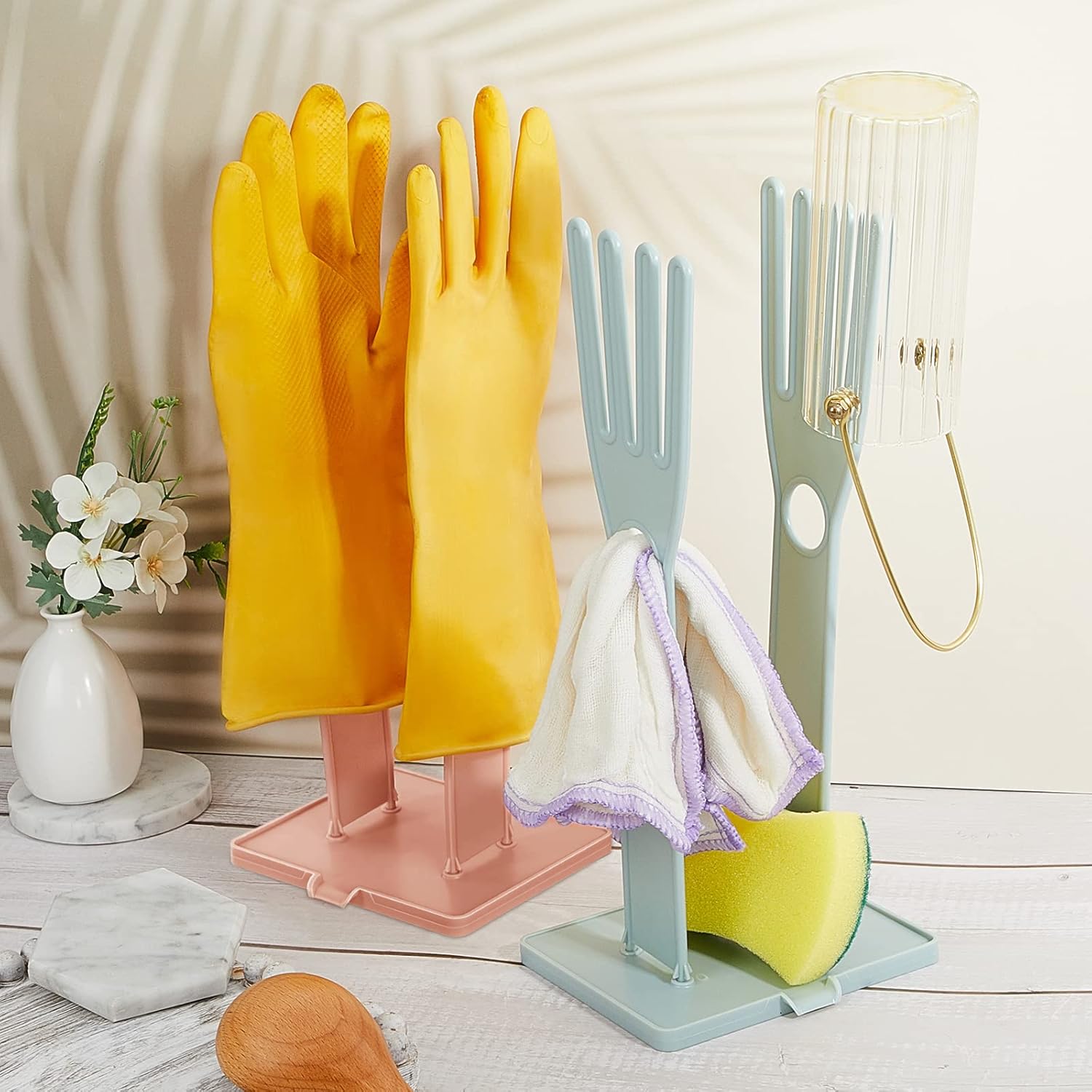 Nuenen 2 Pieces Kitchen Glove Holder Glove Drying Rack Dryer Plastic Mitten Rubber Rack Sink Stand Towel Hanger Reusable Towel Storage Holders for Sponge Food Bag Organizer, Pink and Blue