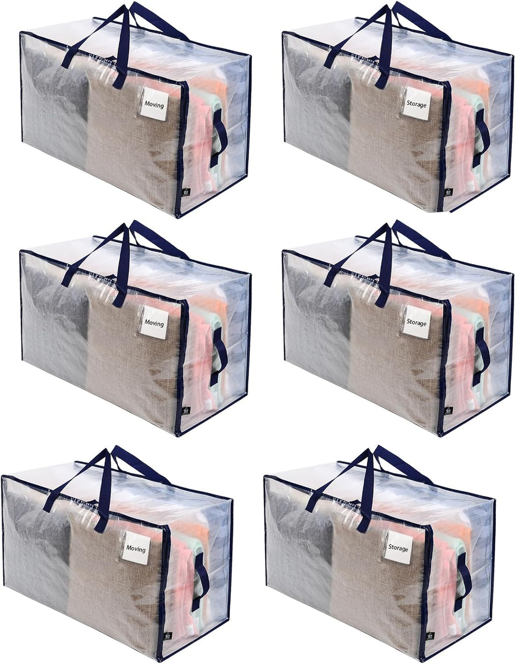VENO 6 Pack Moving and Storage Bags, Heavy Duty, Alternative to Moving Boxes, Large Packing Totes Supplies for College Dorm Room with Zipper for Clothes, Wide Open Design (Clear, 6 Pack)