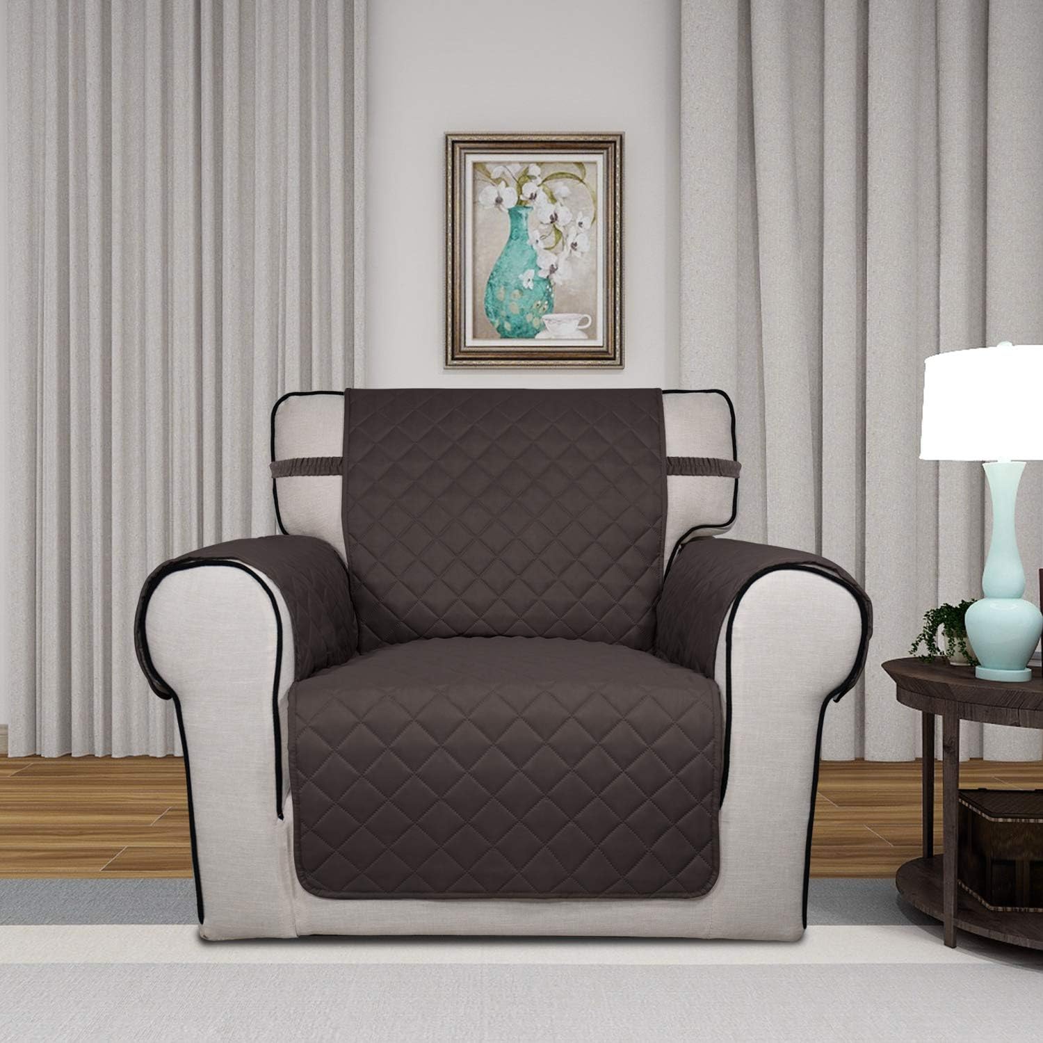 PureFit Reversible Quilted Sofa Cover, Water Resistant Slipcover Furniture Protector, Washable Couch Cover with Non Slip and Elastic Straps for Kids, Pets (Chair, Chocolate/Chocolate)